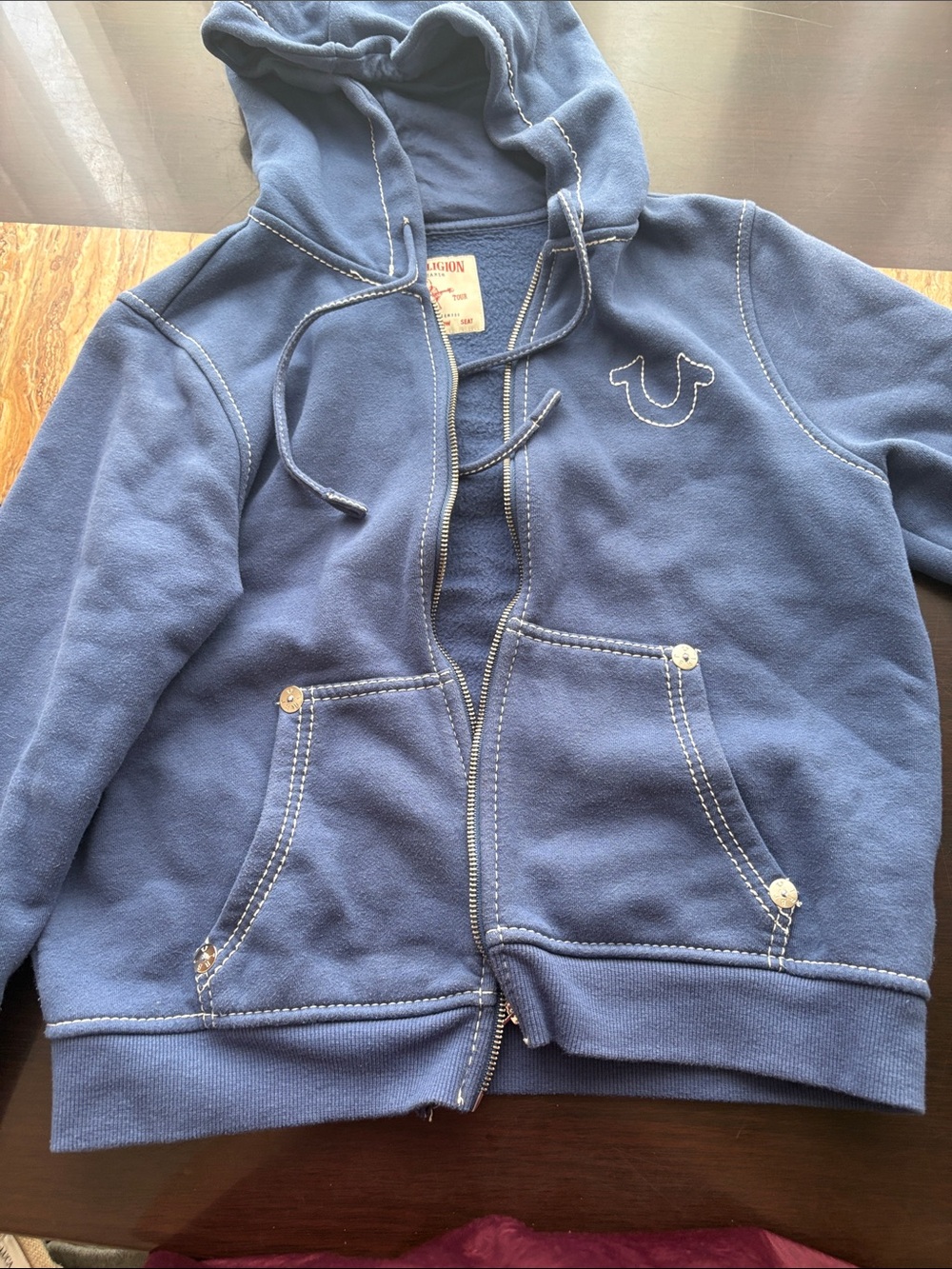 True Religion Kids Navy Blue Zip Hoodie with Contrast Stitching
